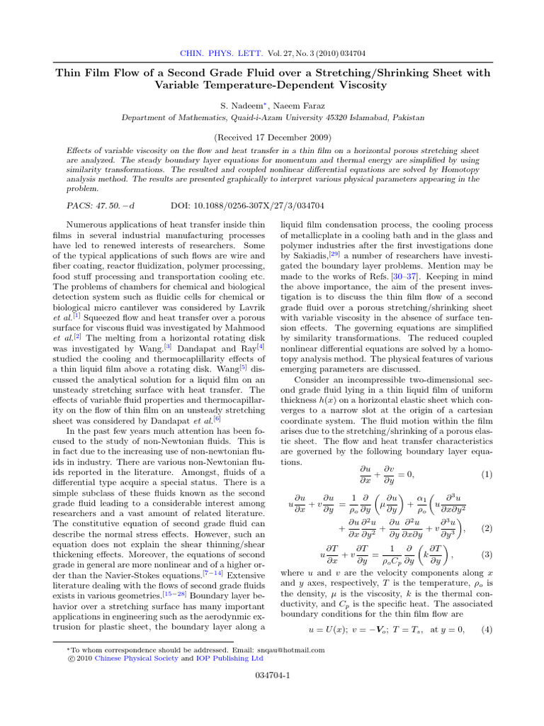 Thin Film Flow of A Second Grade Fluid Over A Stretching - Shrinking ...