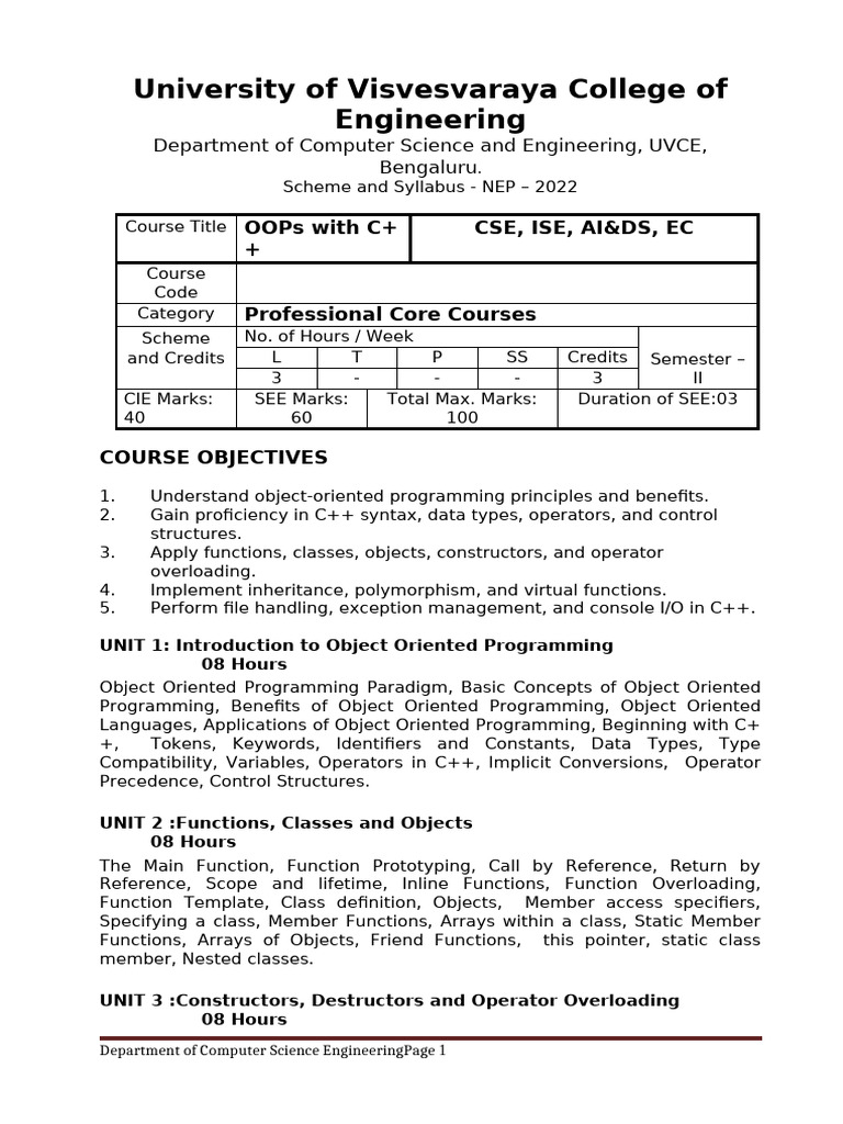 OOPs with C++ Syllabus for Engineering | PDF | Class (Computer ...