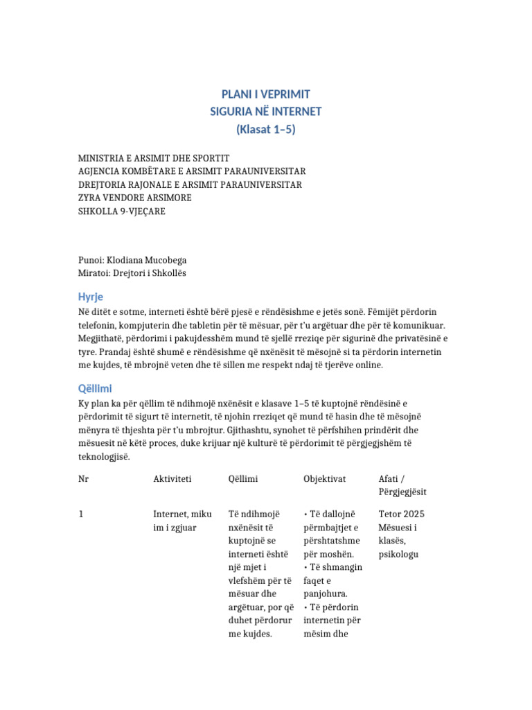 Plani I Veprimit Siguria Ne Internet Klasat 1-5 | PDF