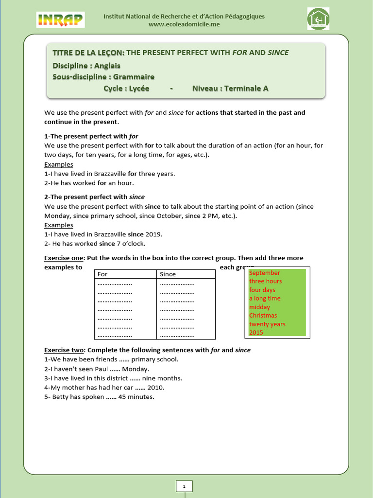 Angl Ta - The Present Perfect With For and Since | PDF