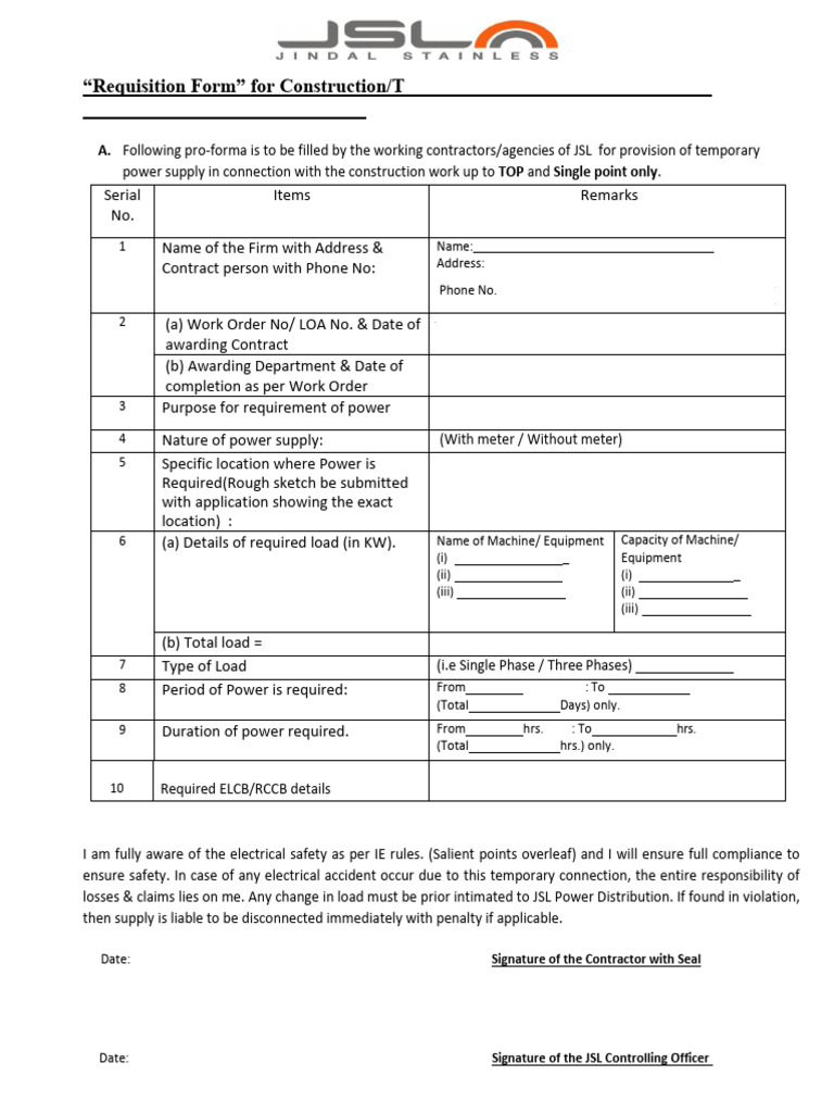 Temporary Electricity Requisition Form | PDF | Electricity | Electrical ...