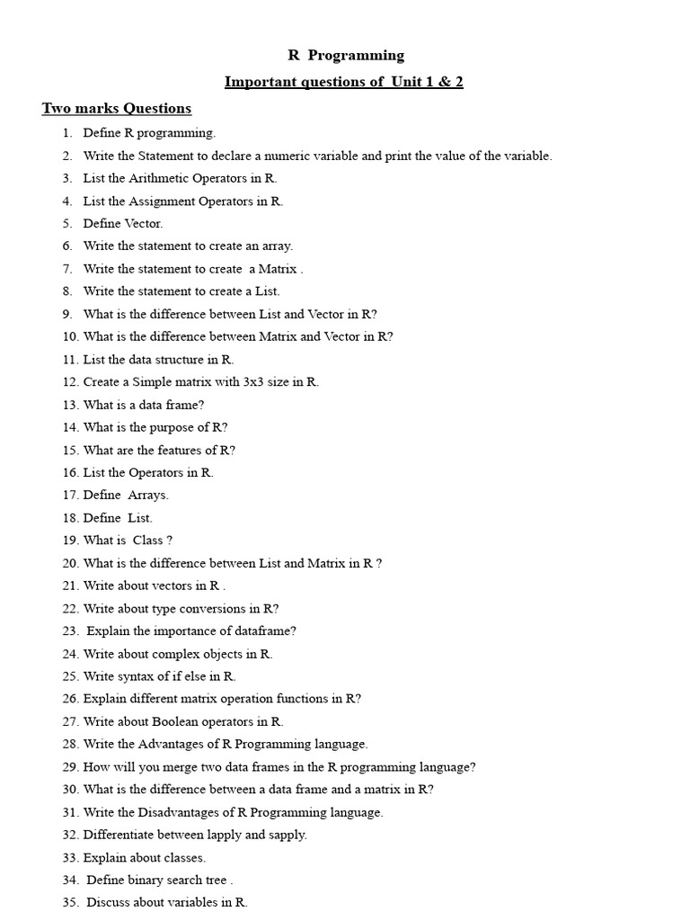 R Programming: Key Concepts & Questions | PDF | R (Programming Language ...