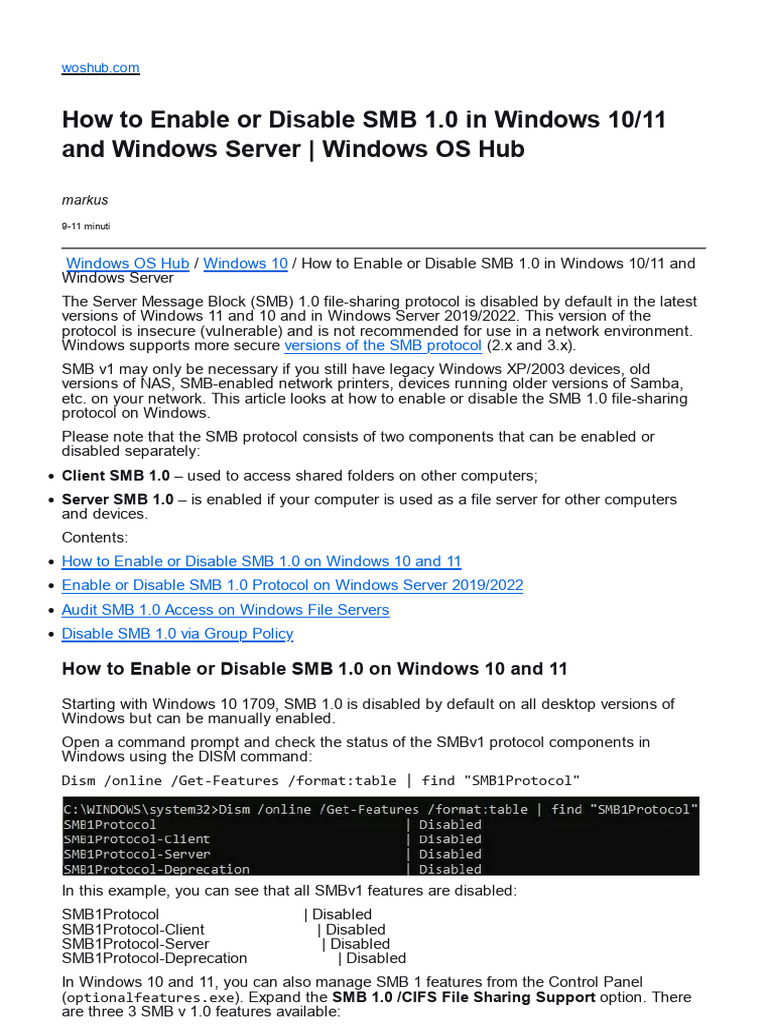 Enable/Disable SMB 1.0 on Windows 10/11 | PDF | Windows Registry ...