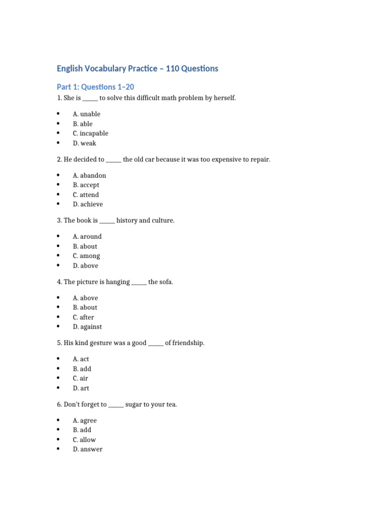 Vocabulary 110 Questions | PDF