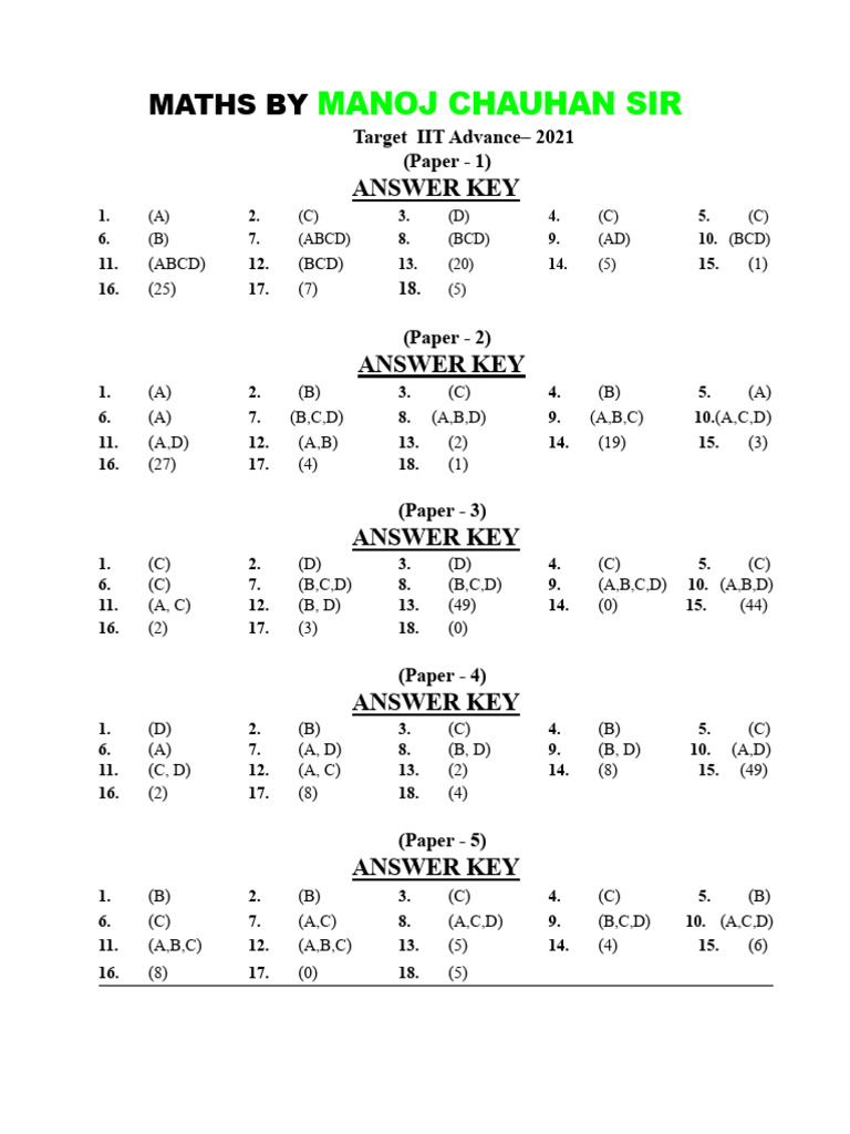 IIT JEE Maths Paper Answer Keys | PDF | Mathematics | Elementary ...