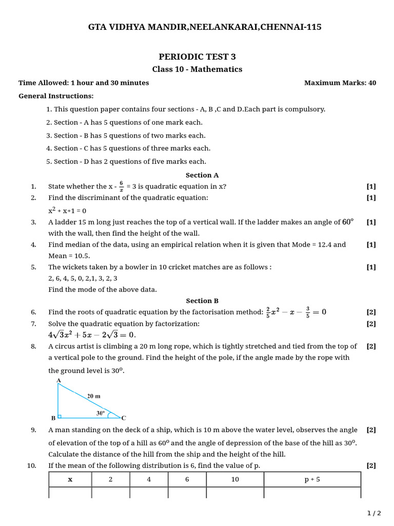 Class 10 Mathematics Periodic Test 3 | PDF | Factorization