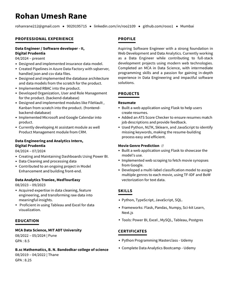 Data Engineer Profile: Rohan Rane | PDF | Software | Information Science