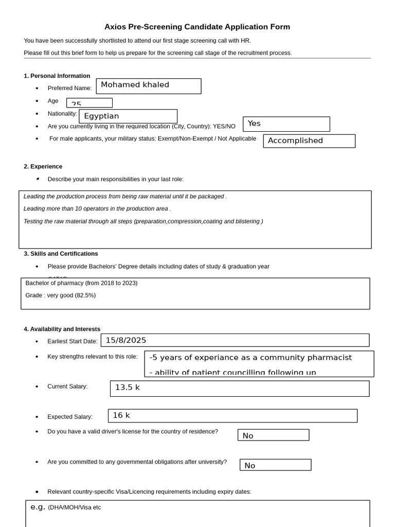 Axios Candidate Pre-Screening Form | PDF