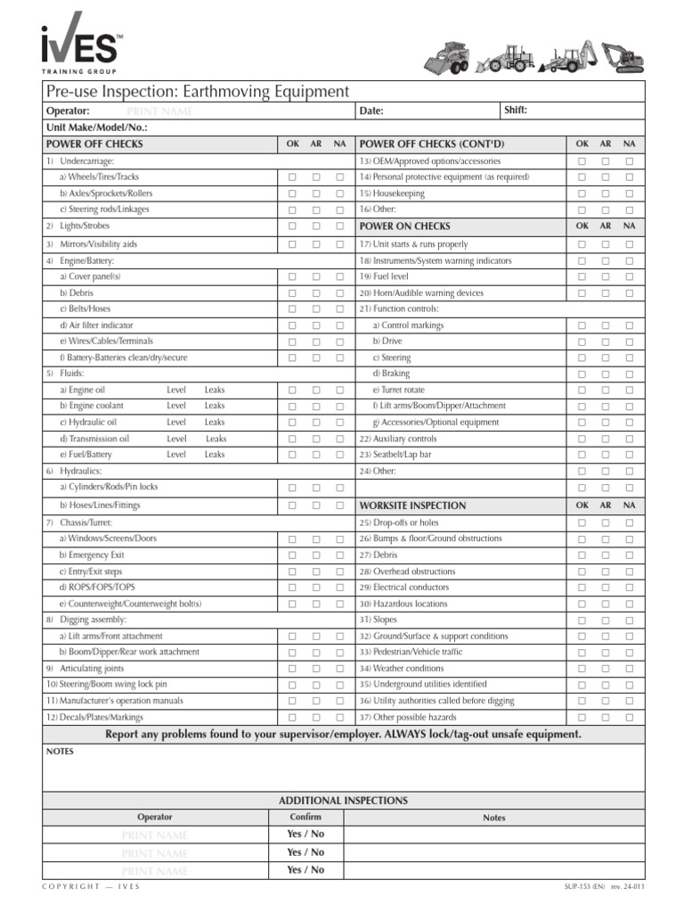 Earthmoving Equipment Pre-Use Checklist | PDF | Steering | Car Body Styles