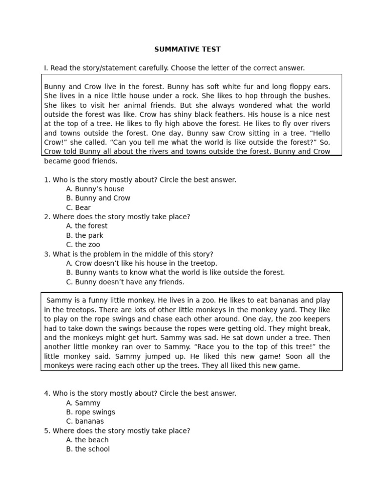 Summative Test: Reading Comprehension | PDF