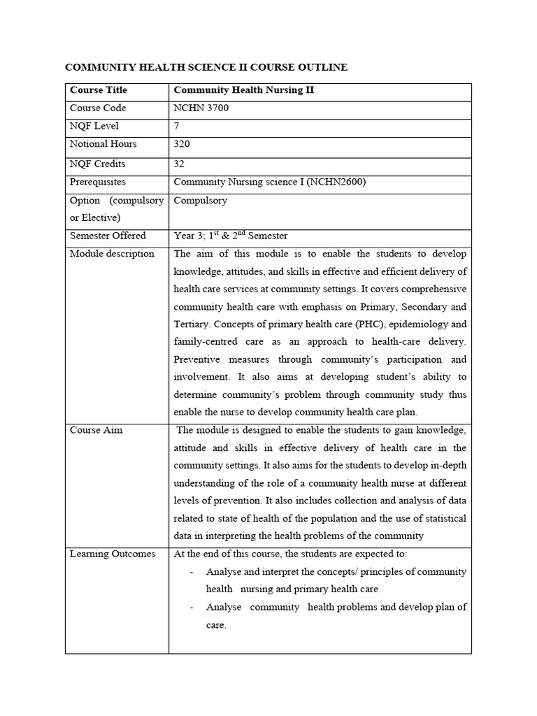 Community Health Nursing II Course Outline | PDF | Non Communicable ...