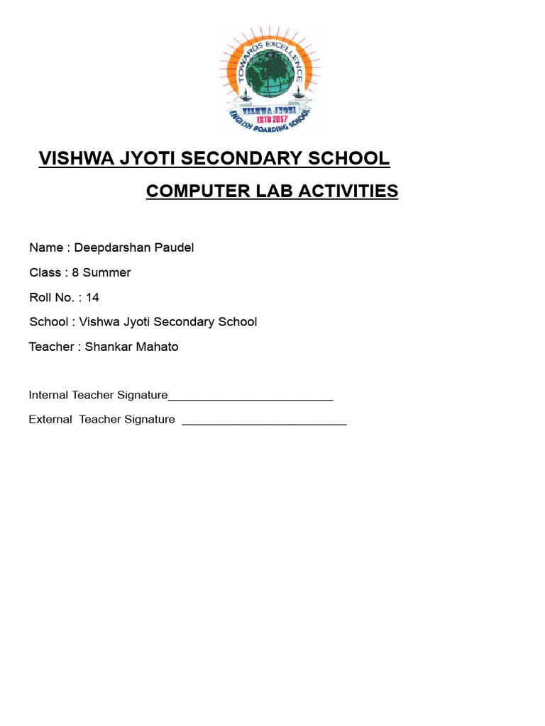 Vishwa Jyoti School Computer Lab Activities | PDF
