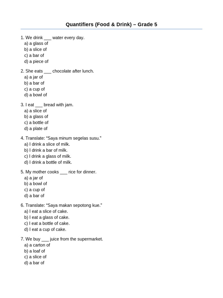 Food Quantifiers for Grade 5 | PDF | Cuisine | Foods
