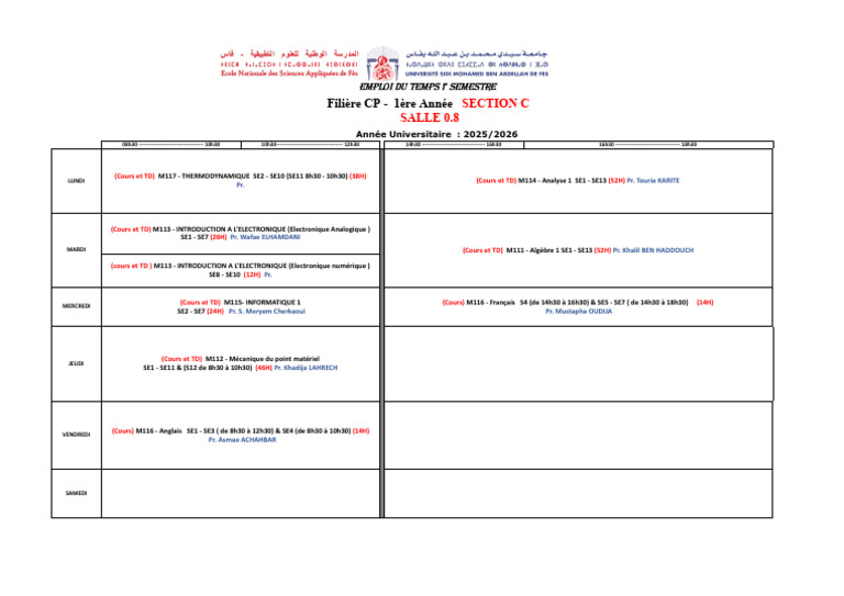 Emploi du Temps 1er Semestre CP 2025 | PDF