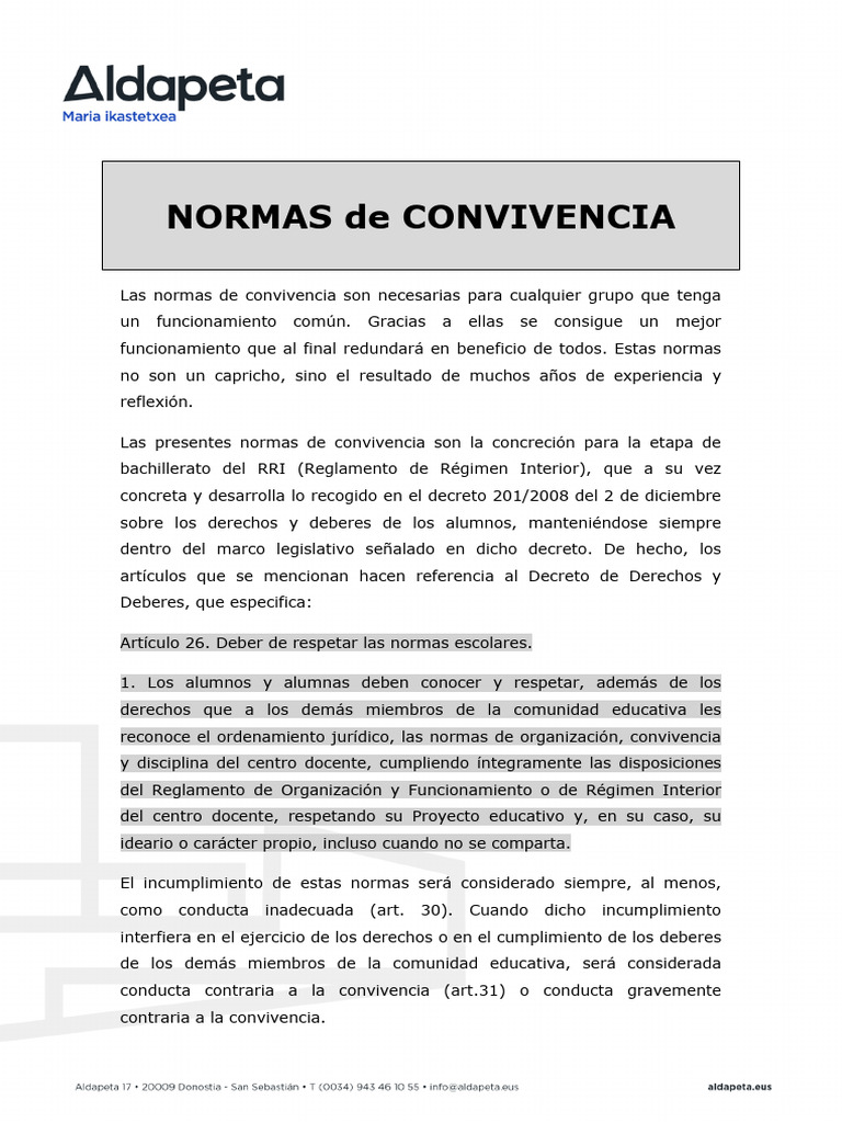 Normas de Convivencia en Bachillerato | PDF | Salón de clases | Maestros