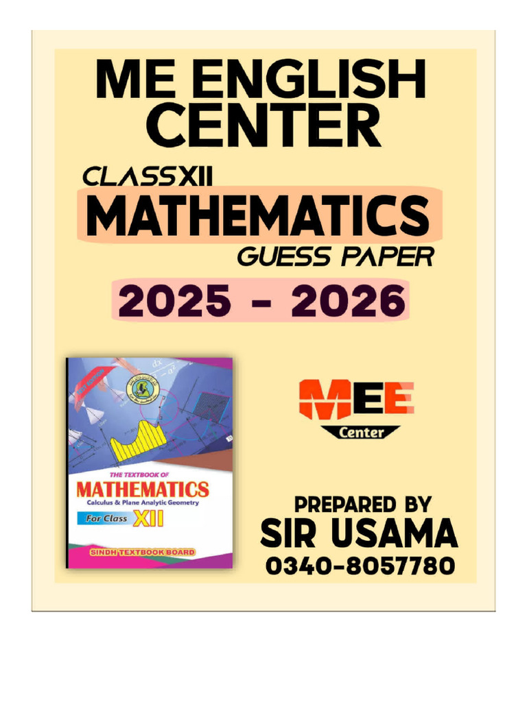 Class 12 Mathematics Guess Paper 2026 | PDF | Ellipse | Circle