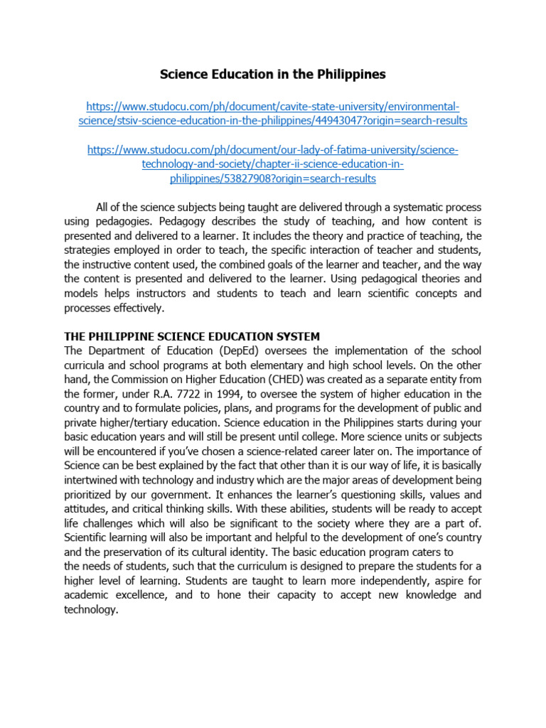 Overview of Science Education in the Philippines | PDF | Curriculum ...
