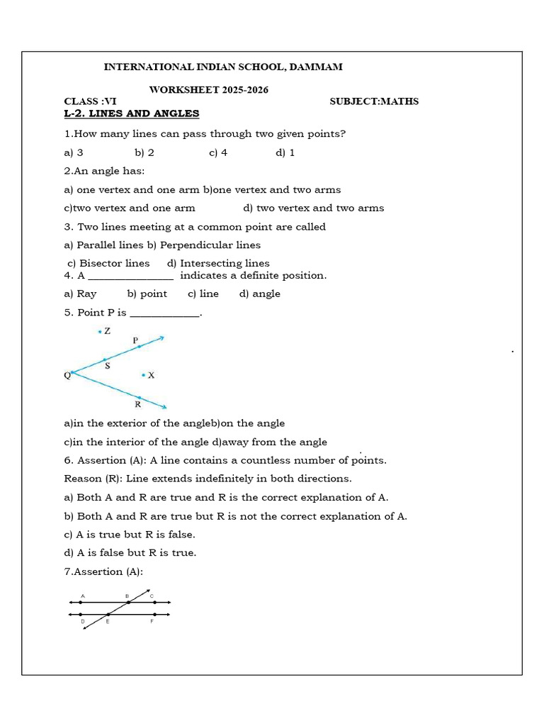Class VI Maths Worksheet: Lines & Angles | PDF | Angle | Triangle Geometry