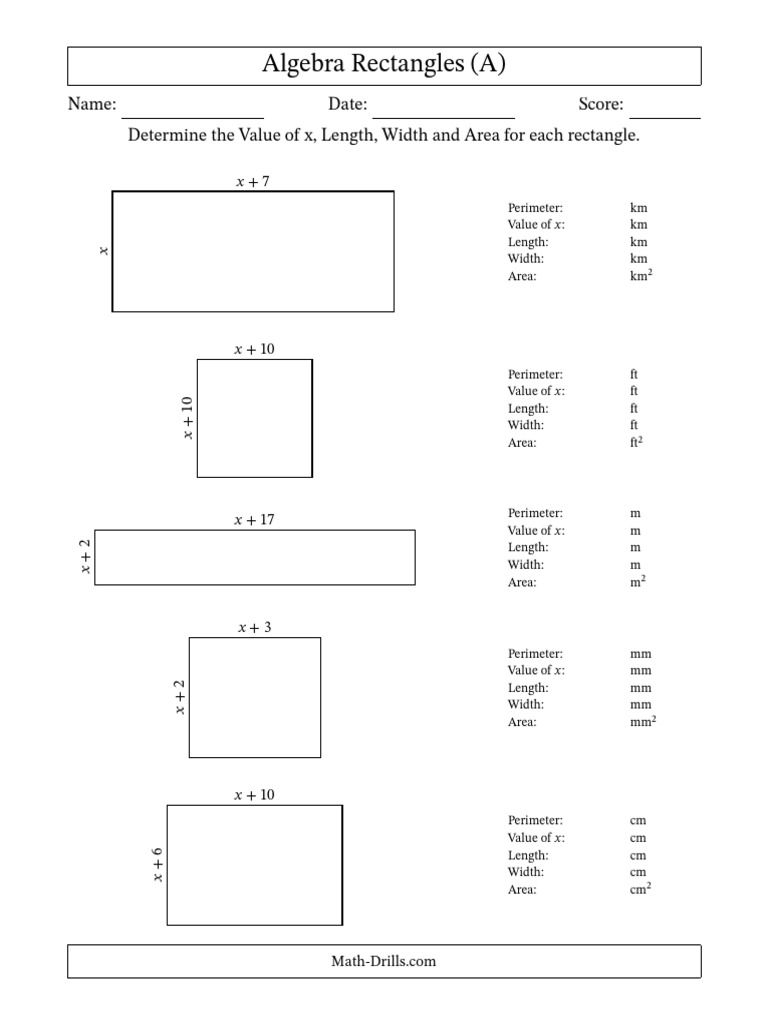 Algebra Rectangles: Solve for x, Area | PDF | Area | Length