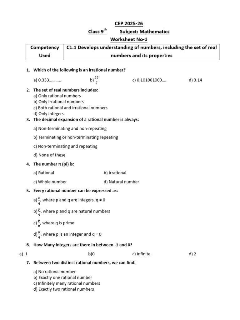 Class 9 Mathematics Worksheet on Real Numbers | PDF | Numbers ...