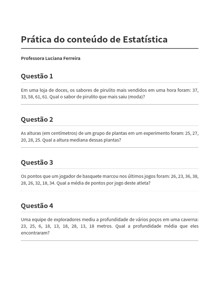 Estatistica Questoes Sem Gabarito | PDF | Mediana (Estatística) | Bolos