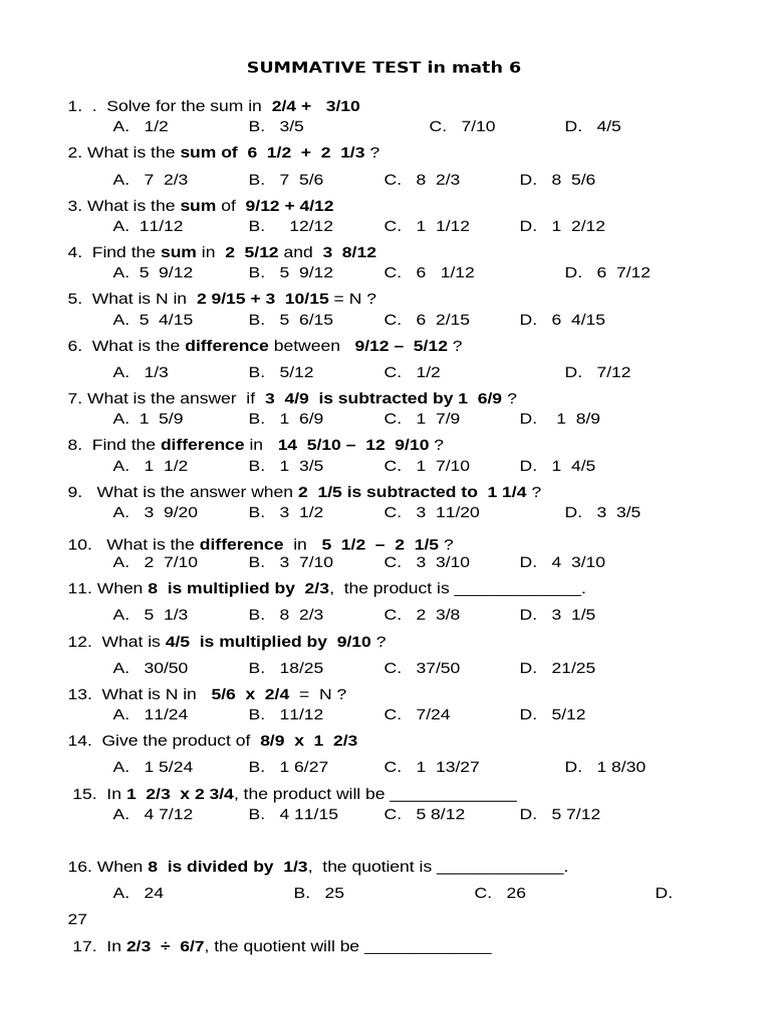 Math 6 Summative Test on Operations | PDF