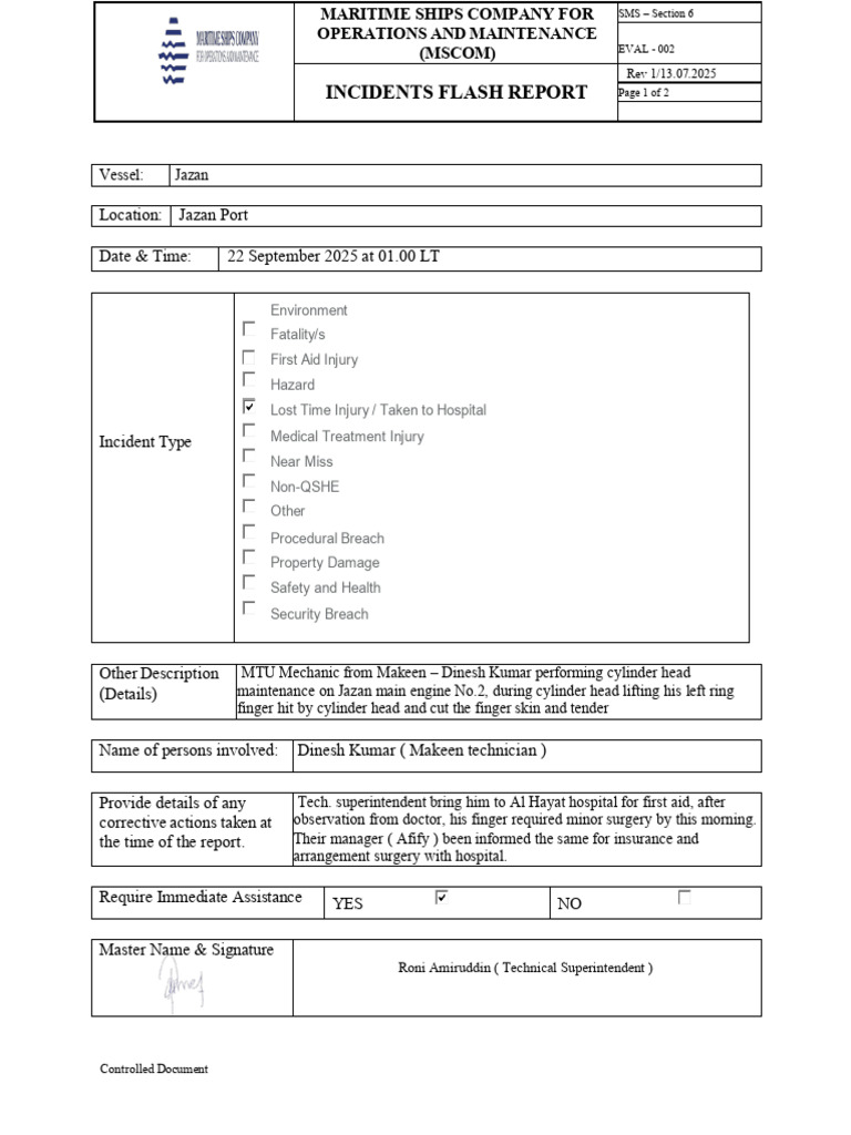 MCOM - Incident Flash Report MTU Technician Finger Injury | PDF