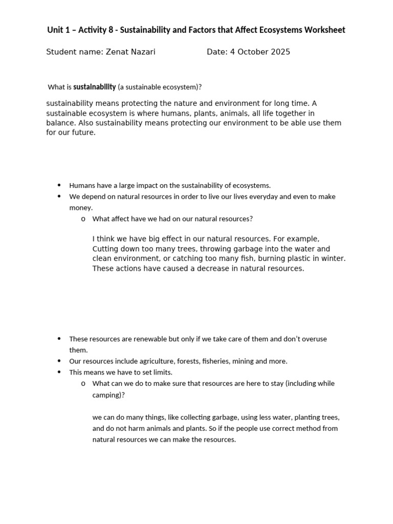 Unit 1 - Activity 8 - Sustainability and Factors That Affect Ecosystems ...