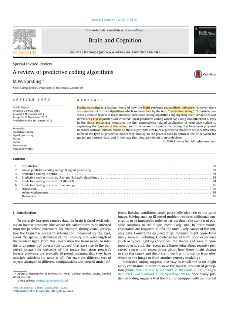 Review of Predictive Coding Algorithms | PDF | Visual Cortex ...