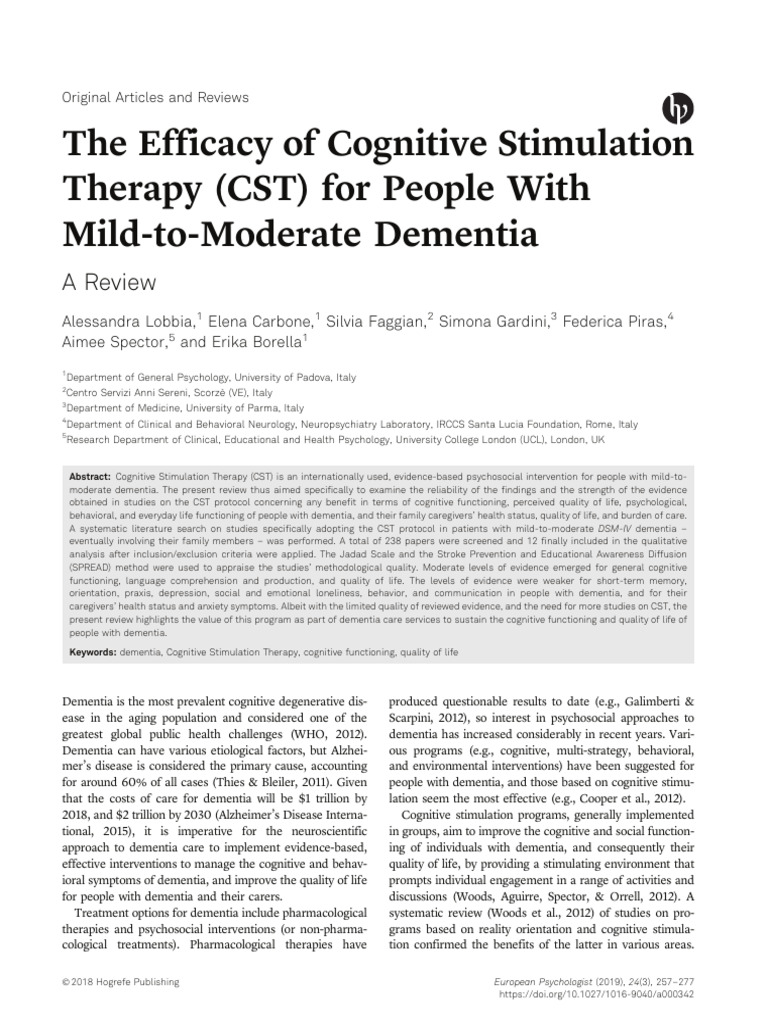 Efficacy of Cognitive Stimulation Therapy for Dementia | PDF | Dementia ...