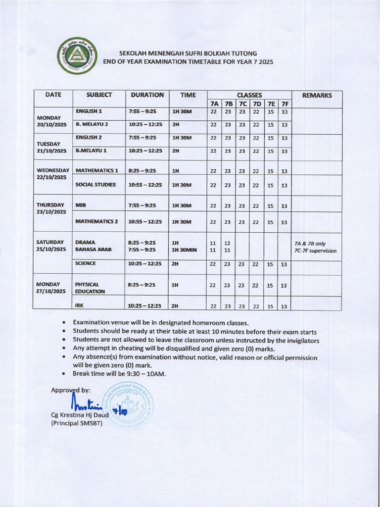 End of Year Exam Timetable For Year 7 (2025) | PDF