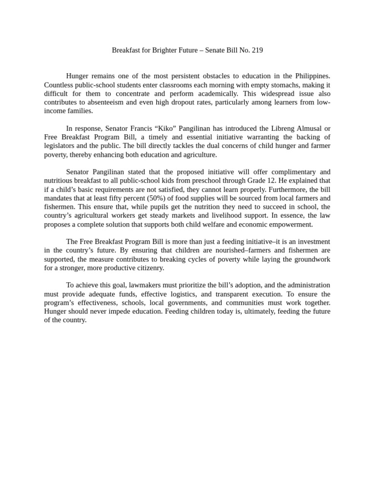 Free Breakfast Program Bill in Philippines | PDF