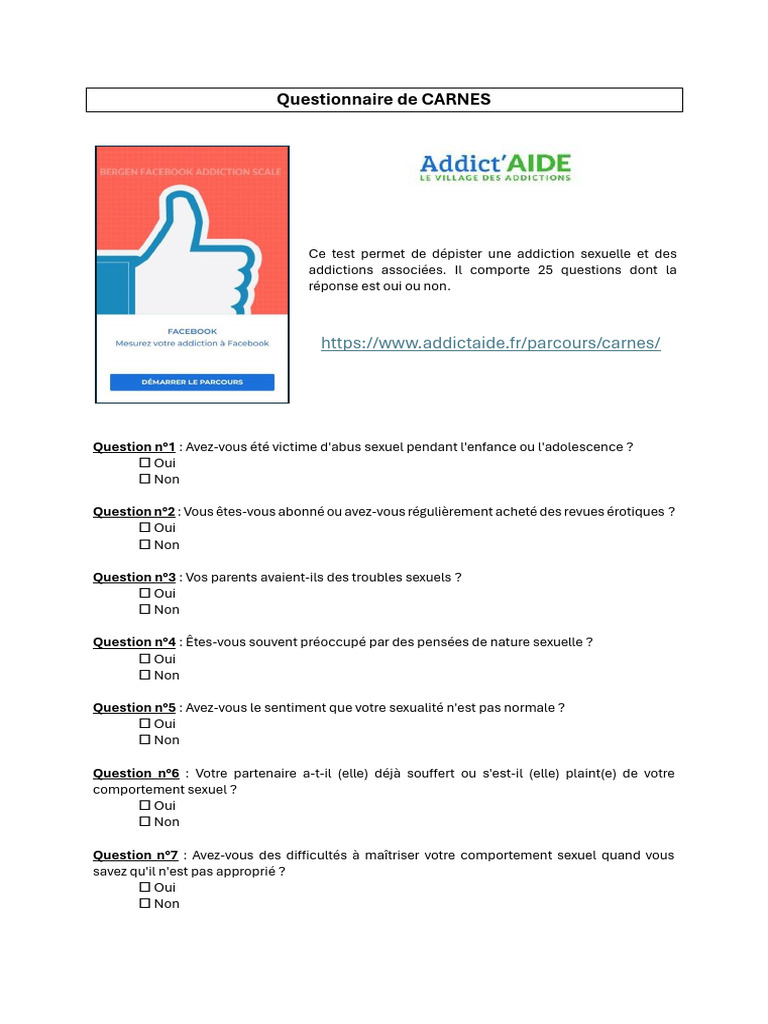 Questionnaire d'évaluation addiction sexuelle | PDF | Comportement ...