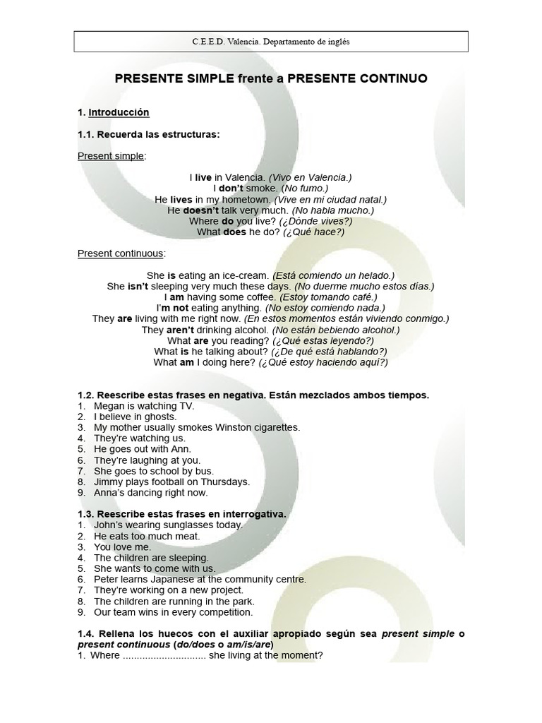 Ejercicios de Presente Simple y Continuo | PDF