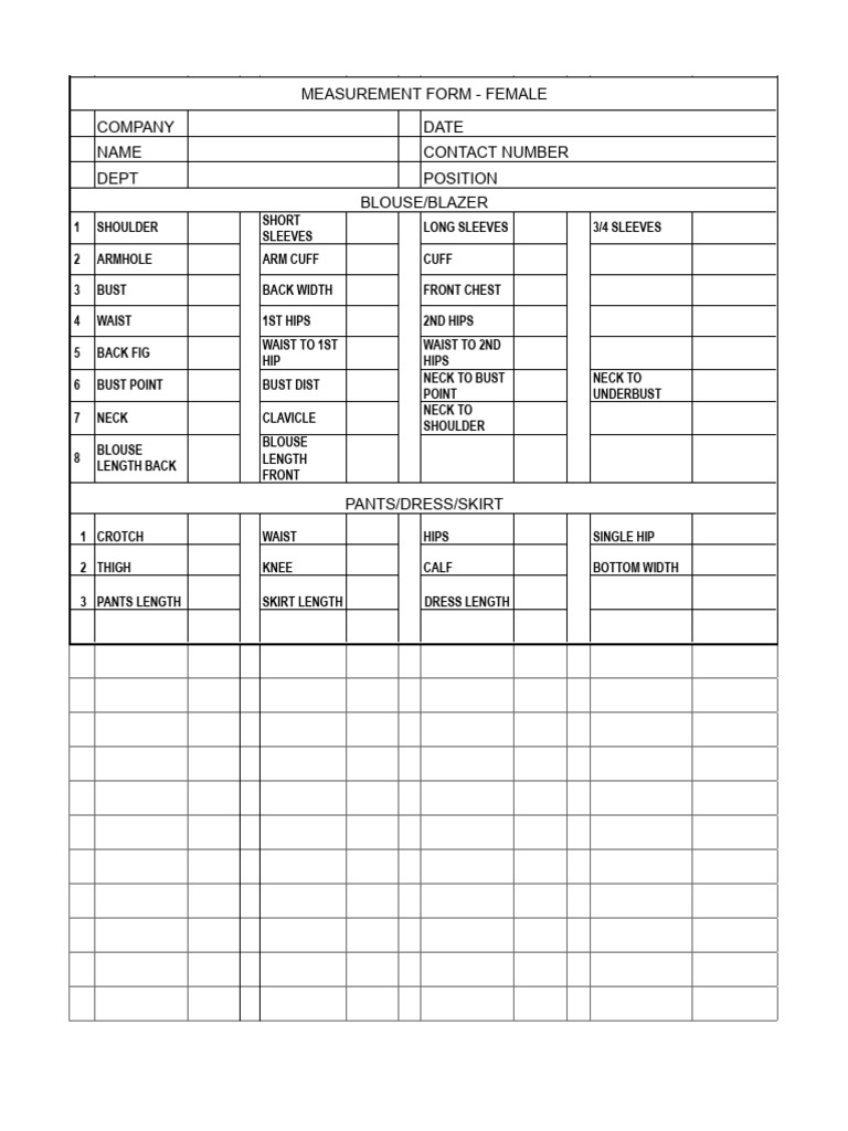Female Measurement Form Template | PDF