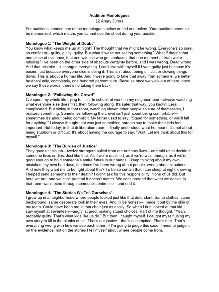 Audition Monologues - 12 Angry Jurors | PDF