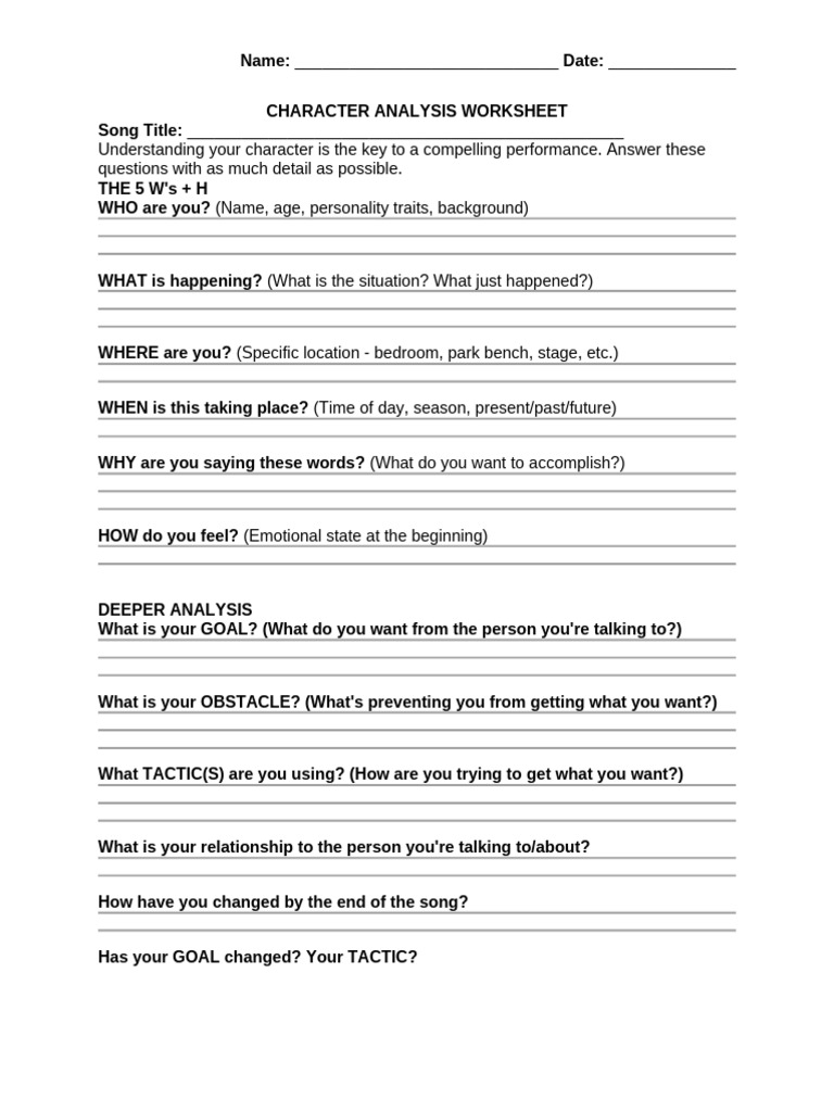 Character Analysis Worksheet for Songs | PDF | Emotions | Psychology