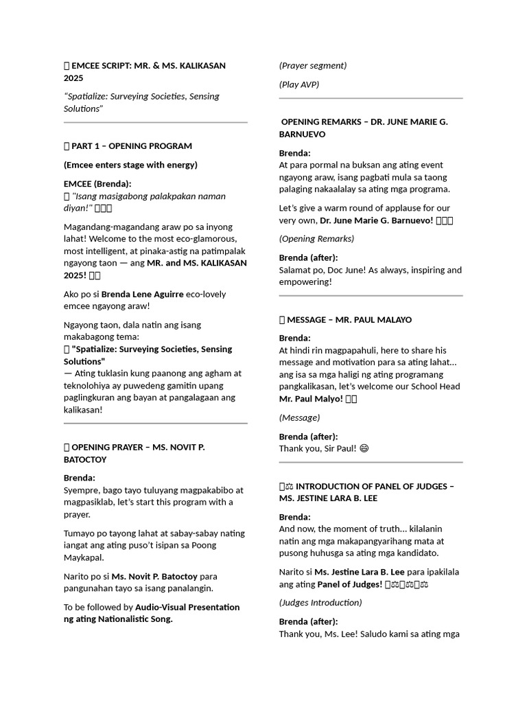 Mr. & Ms. Kalikasan 2025 Emcee Script | PDF
