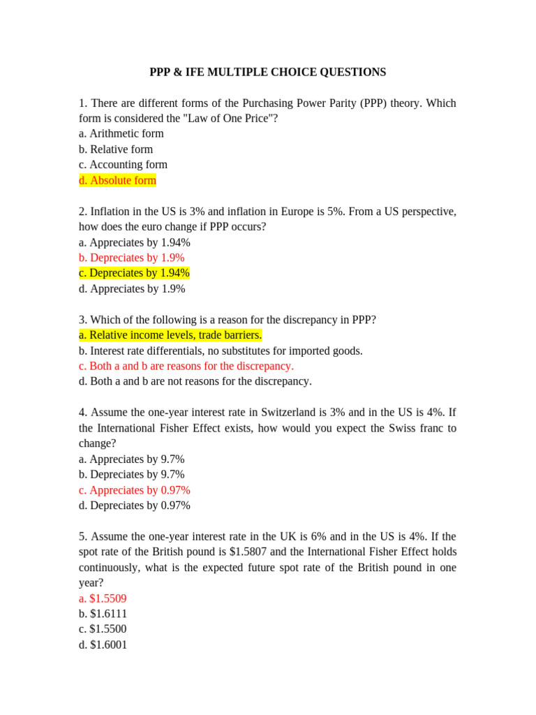 PPP and IFE Quiz Questions | PDF | Purchasing Power Parity | Interest