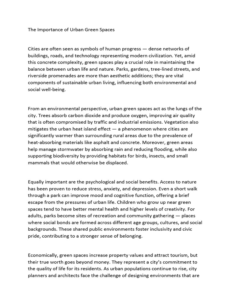 Benefits of Urban Green Spaces | PDF | City | Parks