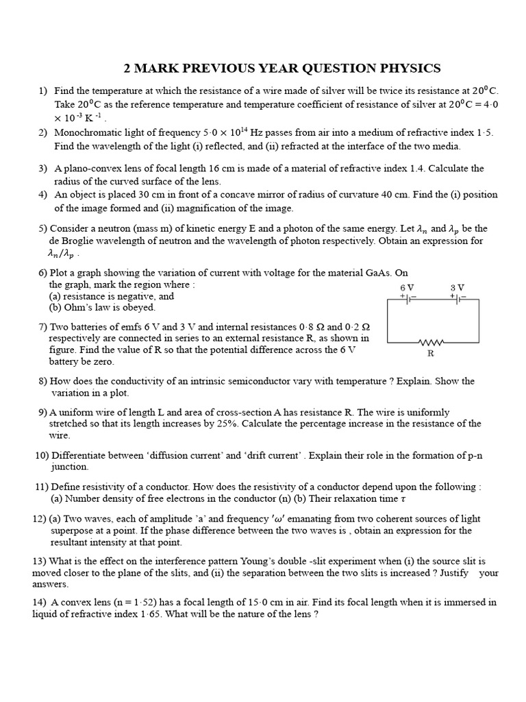 2 Mark Physics Questions and Solutions | PDF | Electron | Electrical ...