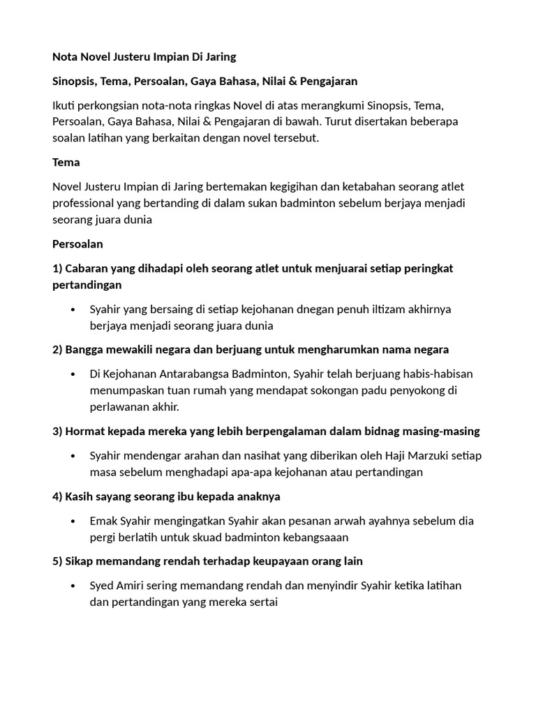 Nota Novel Justeru Impian Di Jaring | PDF