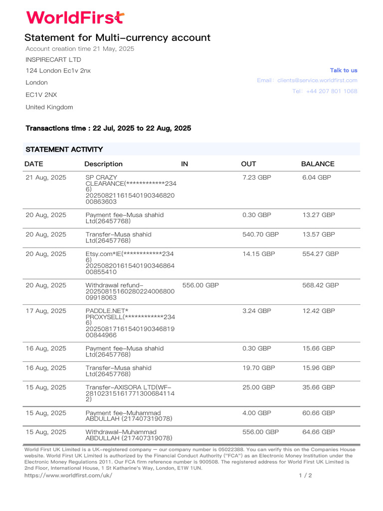 Statement For Multi-Currency Account: Transactions Time: 22 Jul, 2025 ...