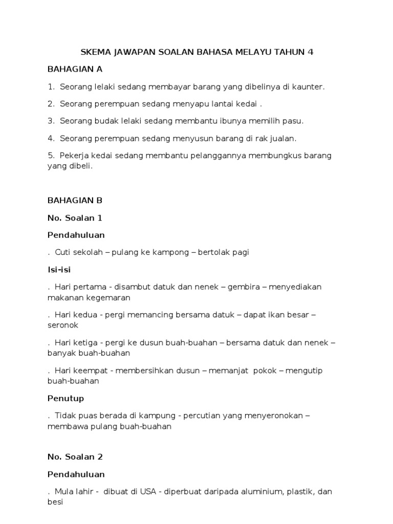 Skema Jawapan Soalan Bahasa Melayu Tahun 4