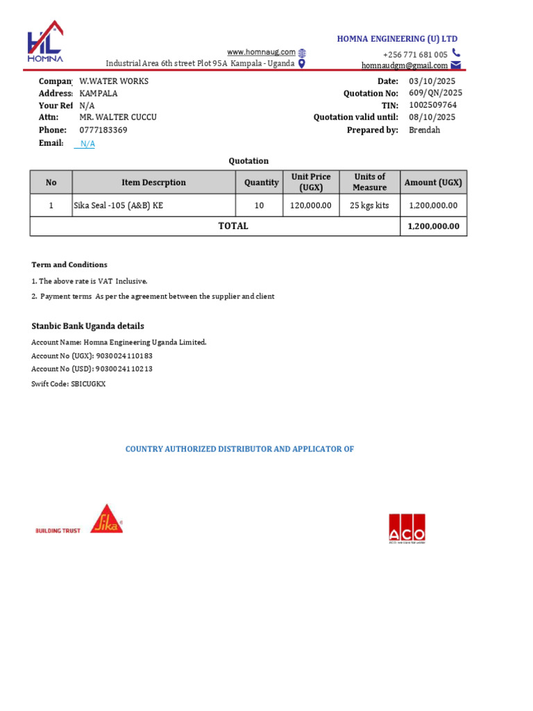 W.Water Works Quotation for Sika Seal 105 | PDF