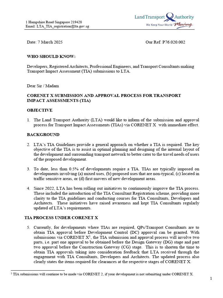 CORENET X TIA Submission Process | PDF | Traffic | Transport