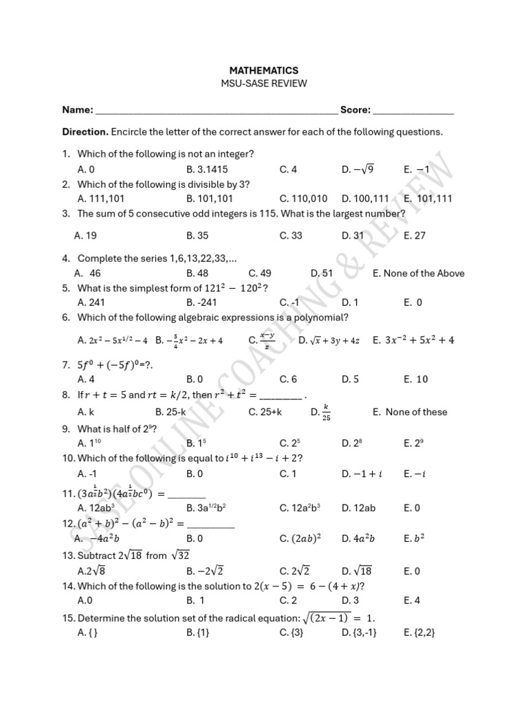 MSU-SASE Mathematics Review Quiz | PDF | Algebra | Discrete Mathematics