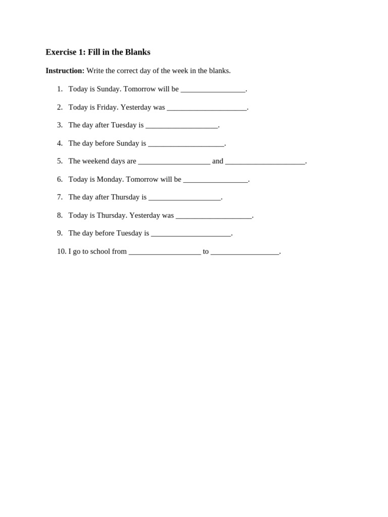 Fill in the Blanks: Days of the Week | PDF