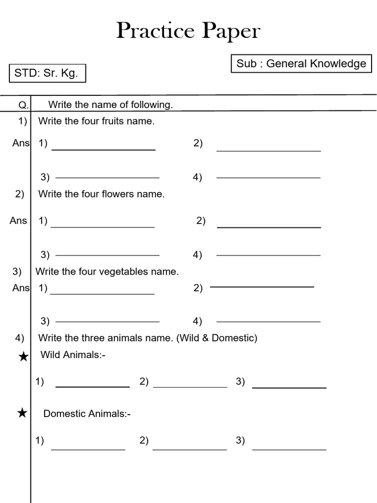 Practice Paper: STD: Sr. Kg. Sub: General Knowledge | PDF