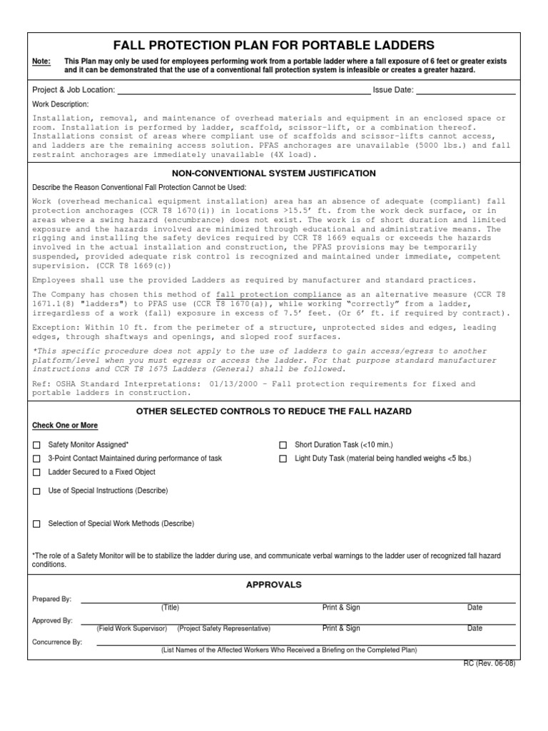 CalOSHA Ladder Fall Protection Plan Download Free PDF Ladder